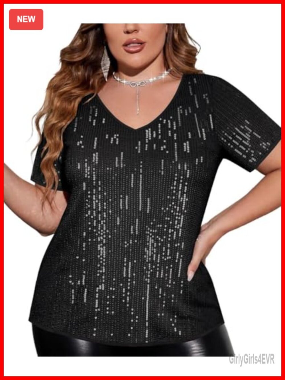 Plus Size Sequin Tunic Short Sleeve V-Neck Party Sparkly Top
